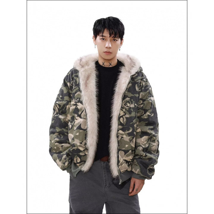 Men's Warmer padded camouflage bomber with hood and faux fur trim Mune Fashion