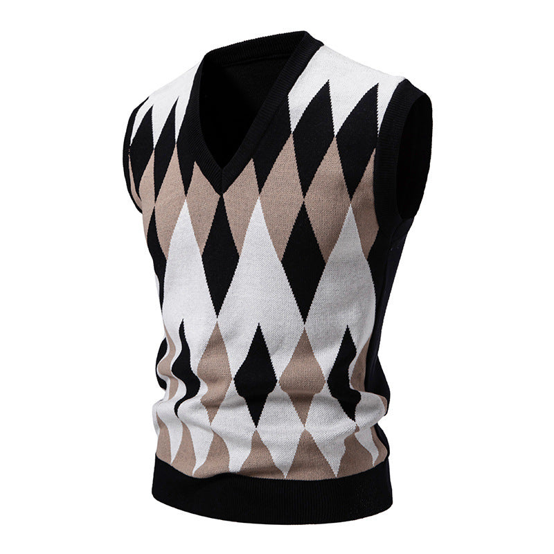 Men's sleeveless argyle knit vest with V-neck and fitted cut Mune Fashion
