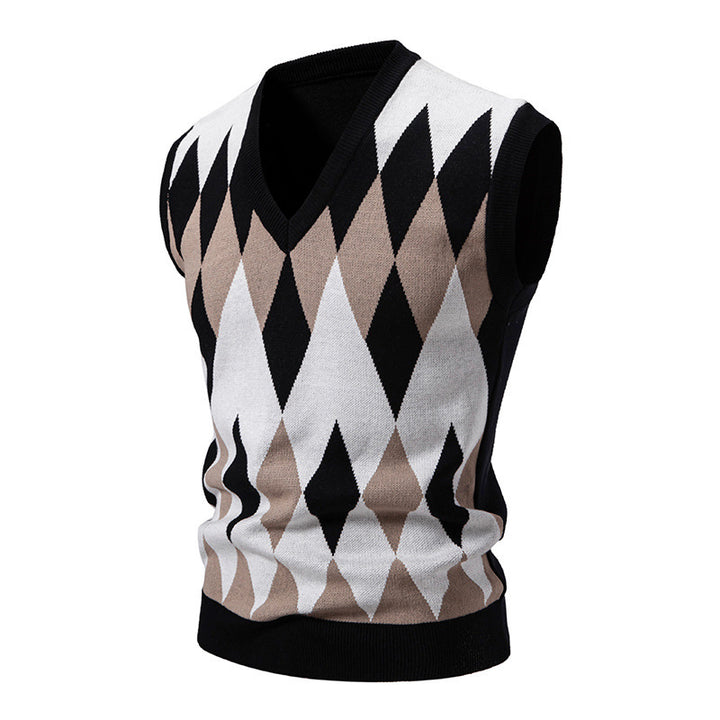Men's sleeveless argyle knit vest with V-neck and fitted cut Mune Fashion