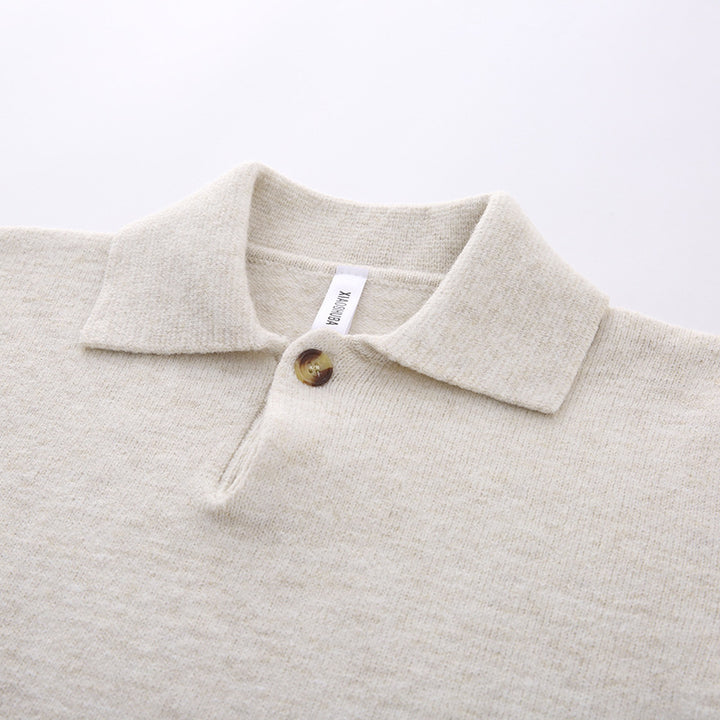 Women's Oversized Polo Collar Fine Knit Sweater with Short Slit and Decorative Button Mune Fashion