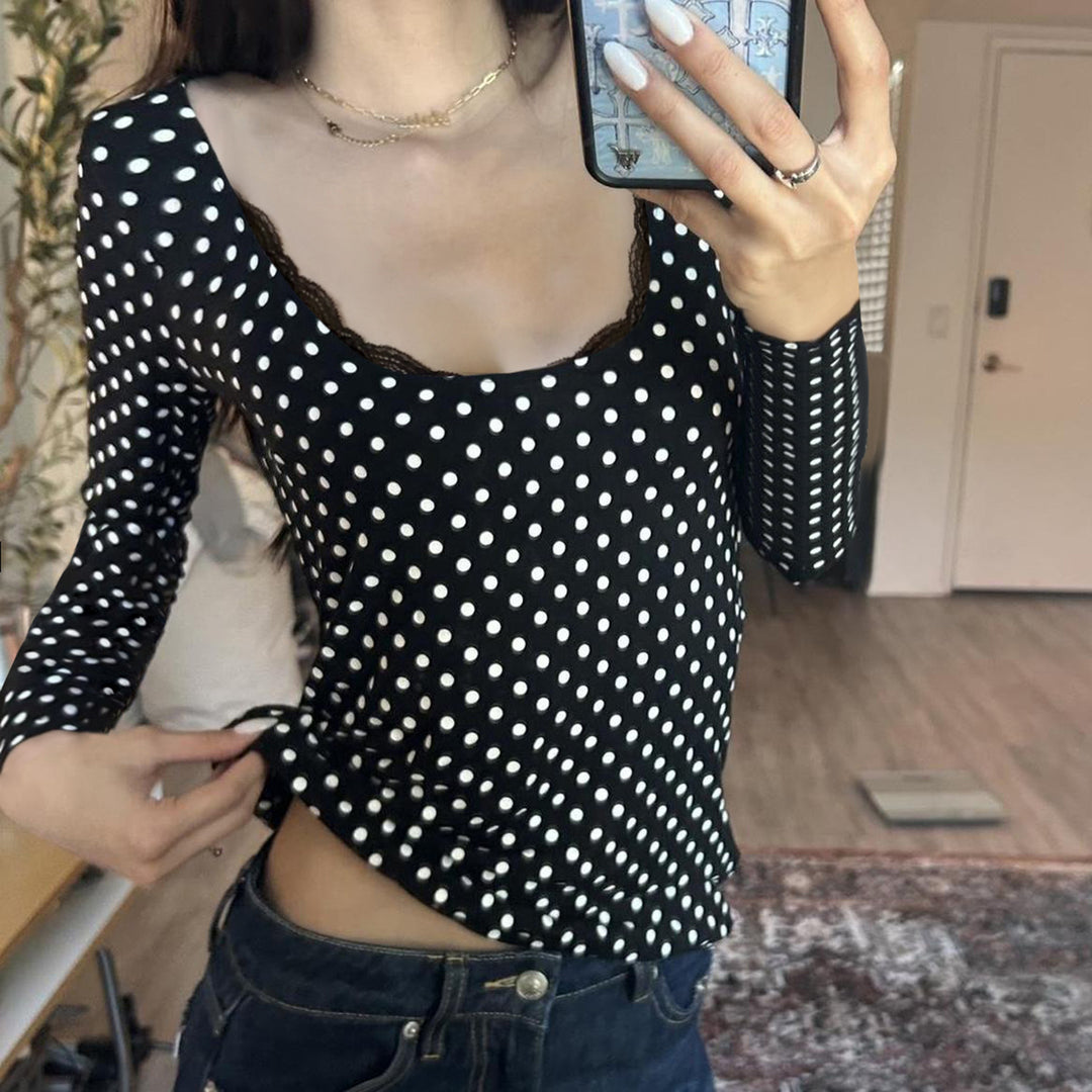 Women's figure-hugging polka dot long sleeve with lace trim and subtle gathering detail Mune Fashion
