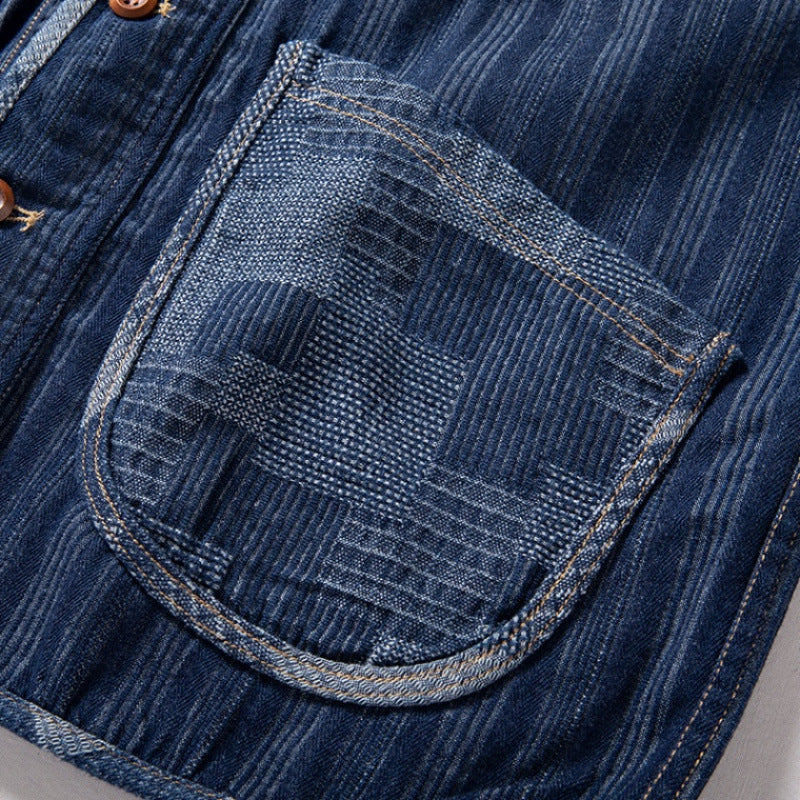Men's Sleeveless Denim Vest in Workwear Look with Large Patch Pockets Mune Fashion