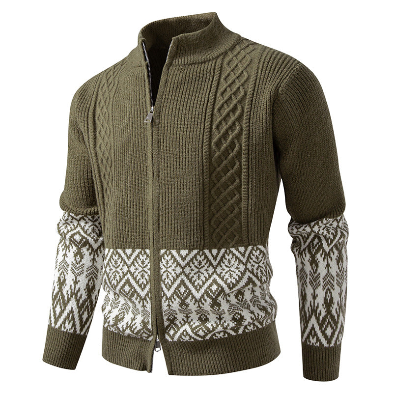 Men's High-Quality Norwegian Zip Cardigan with Cable Pattern and Stand-Up Collar Mune Fashion