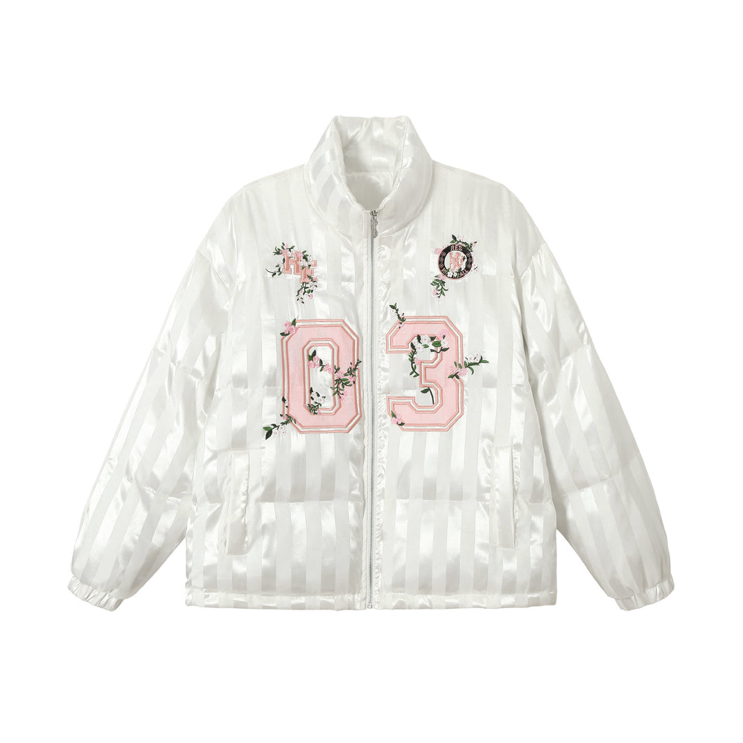 Women's Boxy Quilted Satin Puffer Jacket with Floral Embroidery Detail Mune Fashion
