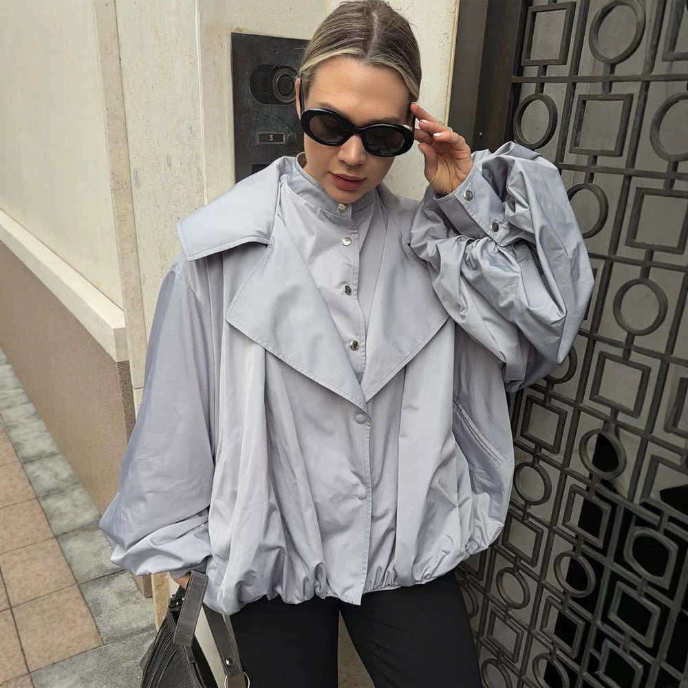 Women's Oversized Short Jacket with Wide Volume Sleeves and Drawcord Hem Mune Fashion