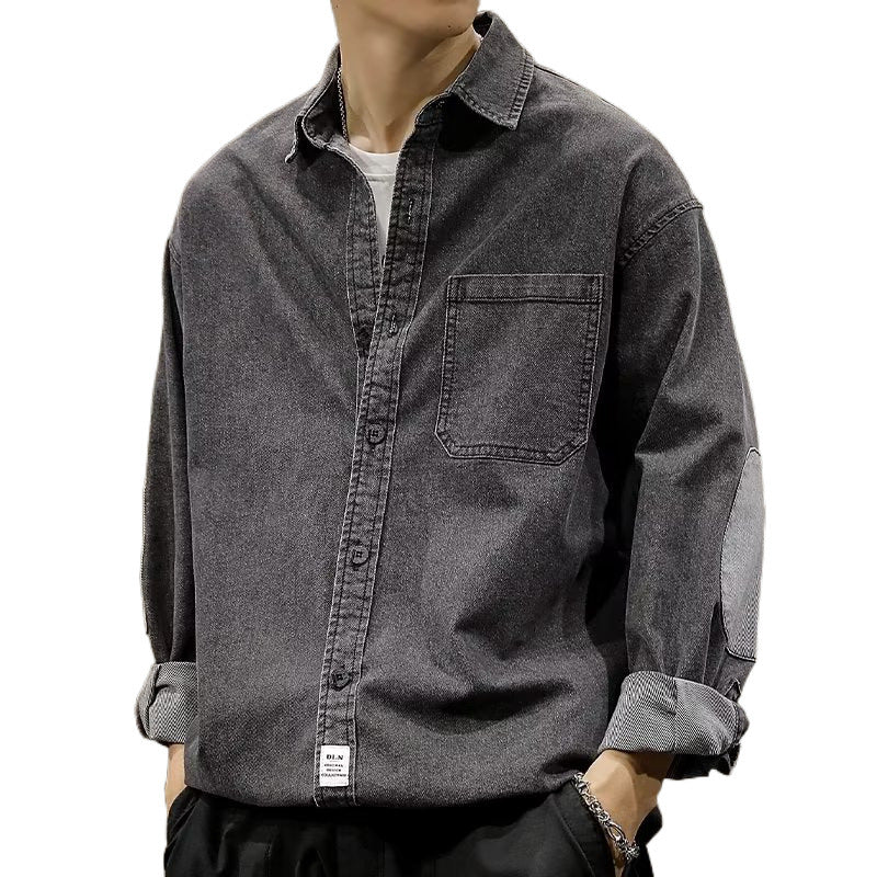 Men's Relaxed Denim Shirt Jacket in Vintage Wash with Elbow Patches and Sewn-On Chest Pocket Mune Fashion