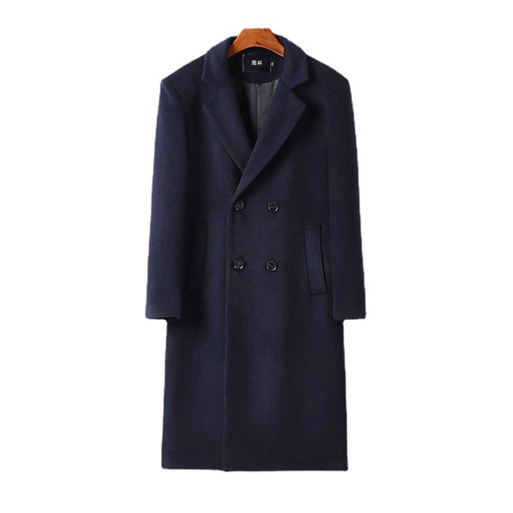 Men's Elegant Wool Blend Long Coat with Double-Breasted Front and Draped Lapel Mune Fashion