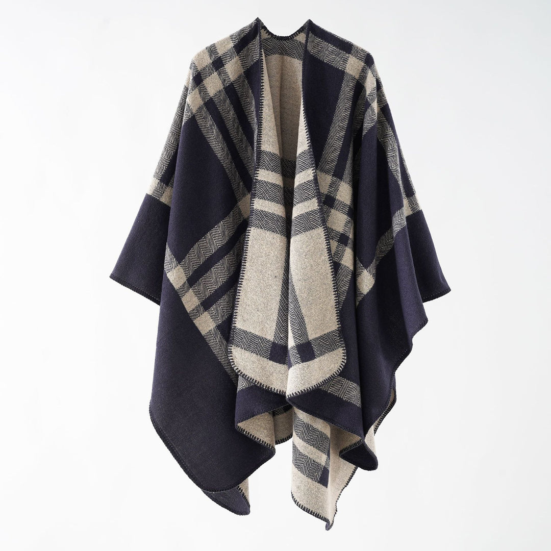 Women Reversible Wool Blend Poncho with Geometric Check Pattern and Decorative Stitching
