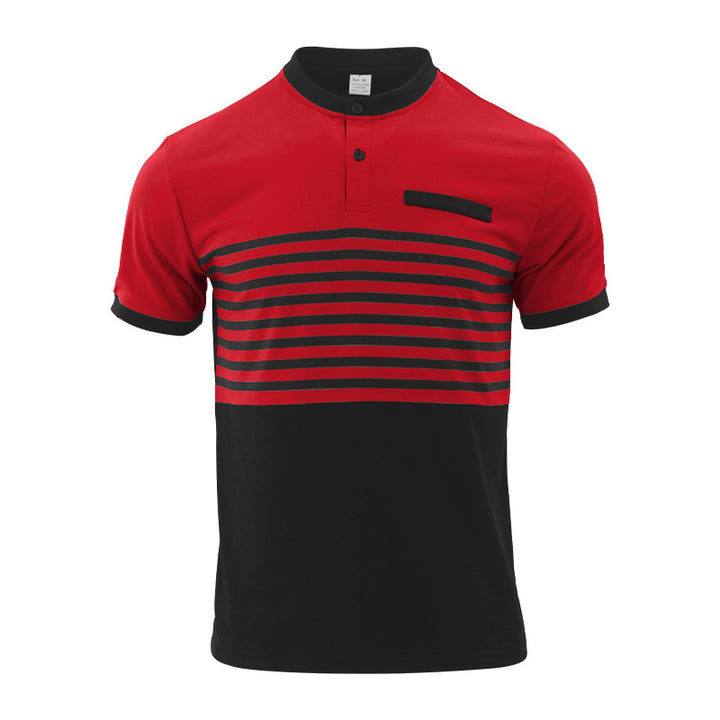 Men's short-sleeved striped short-sleeve shirt with button placket, stand-up collar and chest piping Mune Fashion