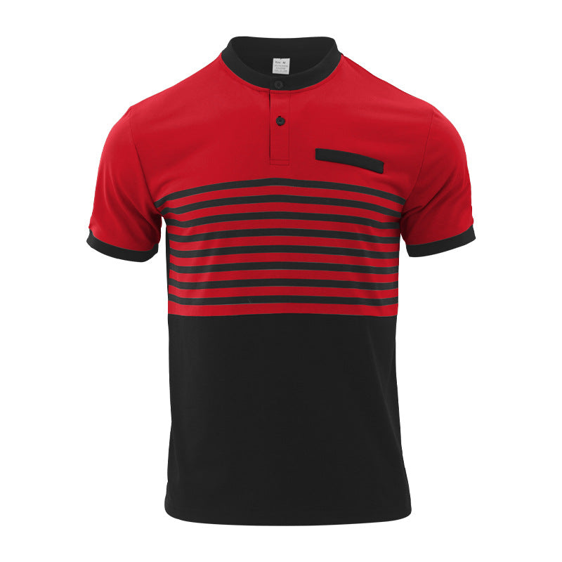 Men's short-sleeved striped short-sleeve shirt with button placket, stand-up collar and chest piping Mune Fashion