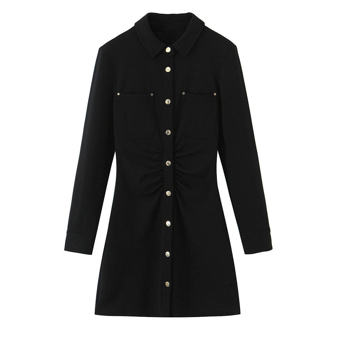 Ladies shirt dress with decorative button placket, breast pockets, and waist gathering Mune Fashion