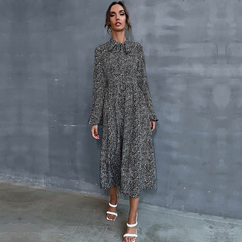 Women's midi dress with stand collar and tie bow, long sleeve A-line with fine polka dot pattern Mune Fashion