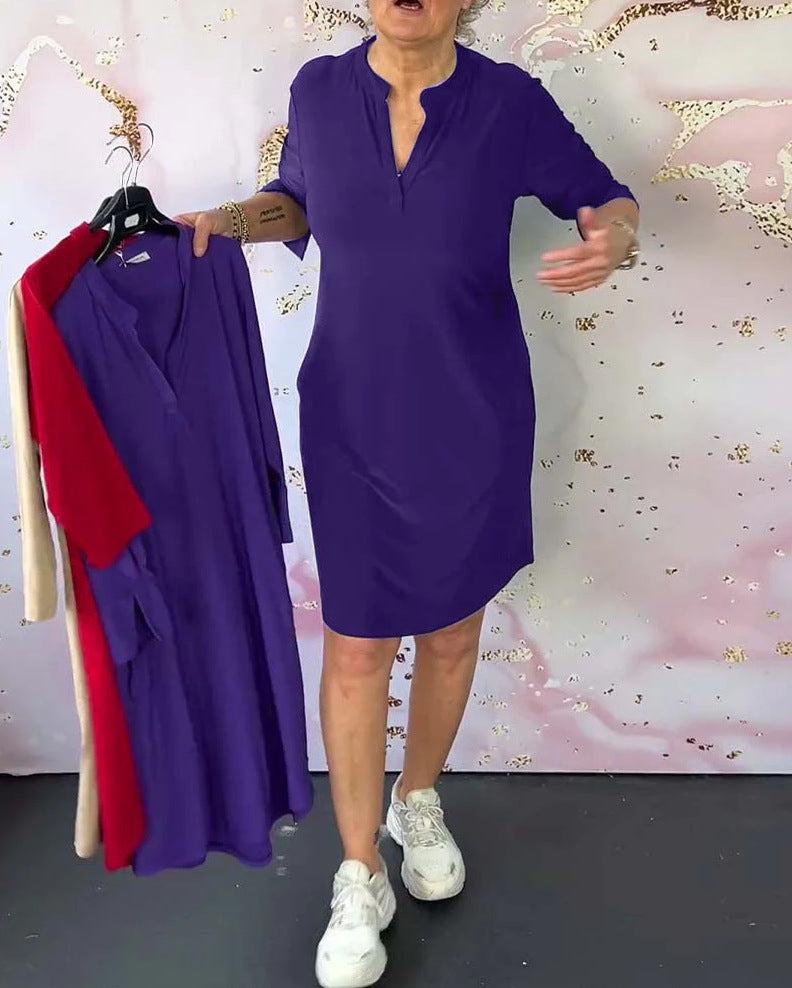 Women's navy knee-length shift dress made of elastic jersey with stand-up collar and V-neck Mune Fashion