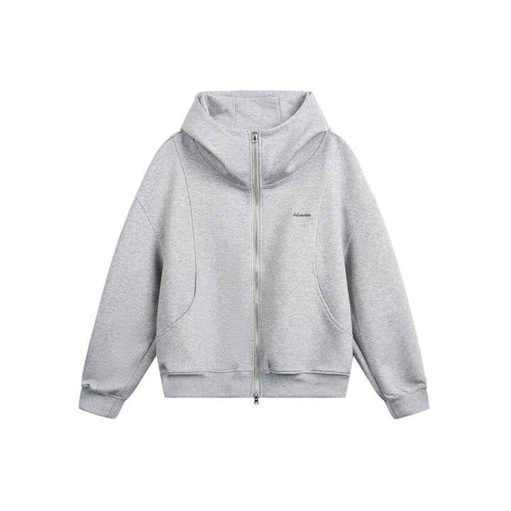 Women Loose Fit Zip Hoodie with High Funnel Neck and Two-Way Function Mune Fashion