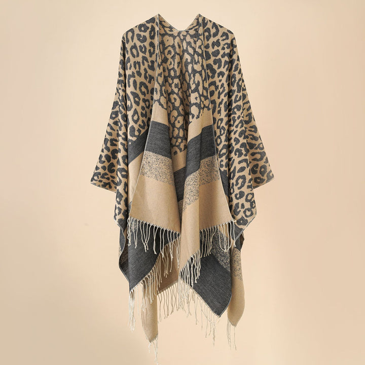 Women's Oversized Ruana with Leo Jacquard, fringes, and soft wool blend Mune Fashion