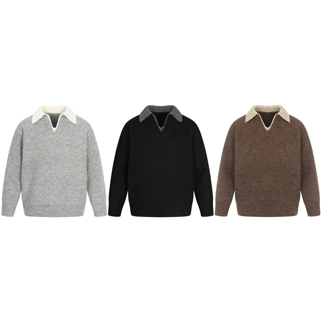 Women Oversize Wool Blend Sweater with Contrast Polo Collar and V-Neck Mune Fashion
