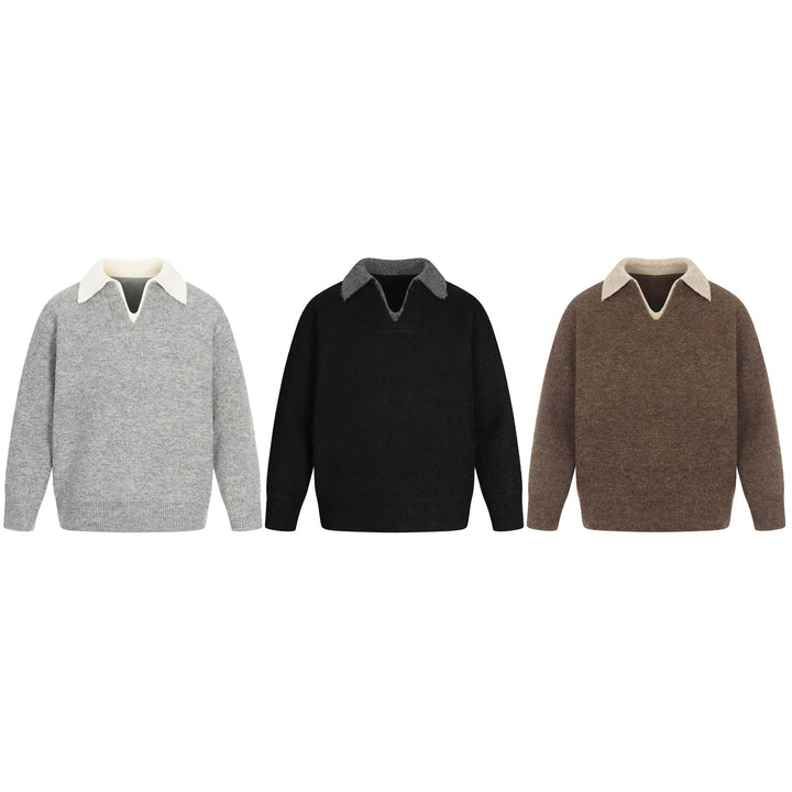 Women Oversize Wool Blend Sweater with Contrast Polo Collar and V-Neck Mune Fashion