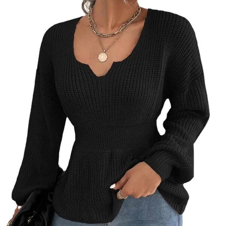 Women's Tailored Fine Knit Sweater with Notched V-Neck, Waist-Emphasizing Ribbed Area, and Balloon Sleeves Mune Fashion