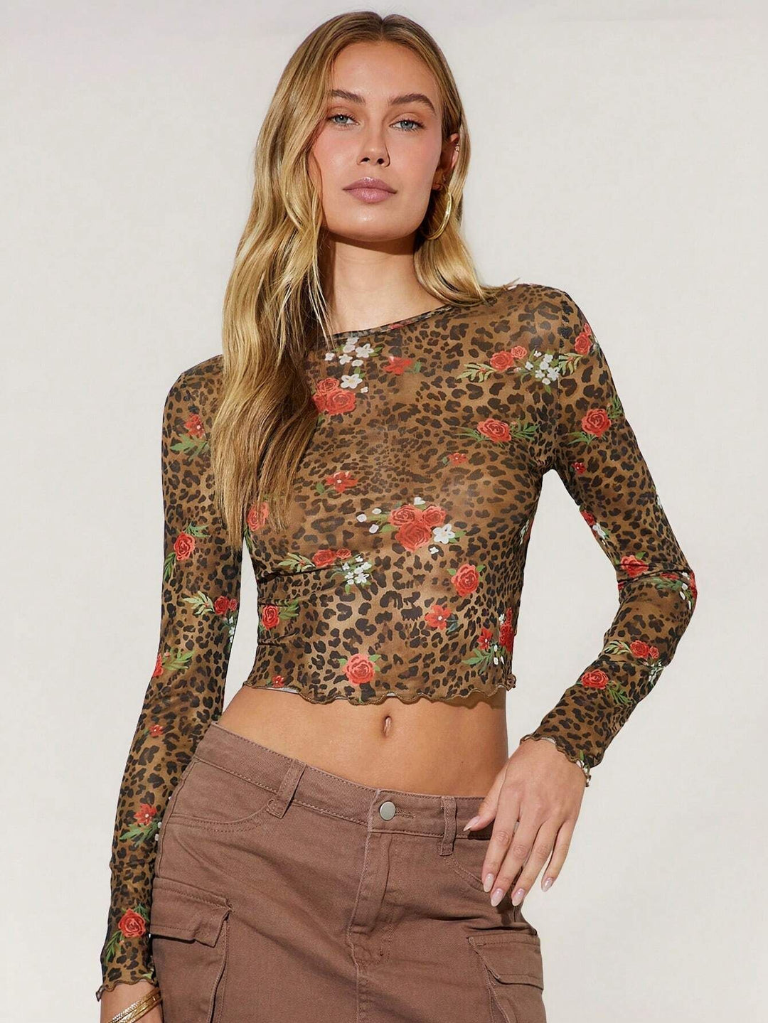 Women nan fine Mesh Crop Top with leopard and rose print Mune Fashion