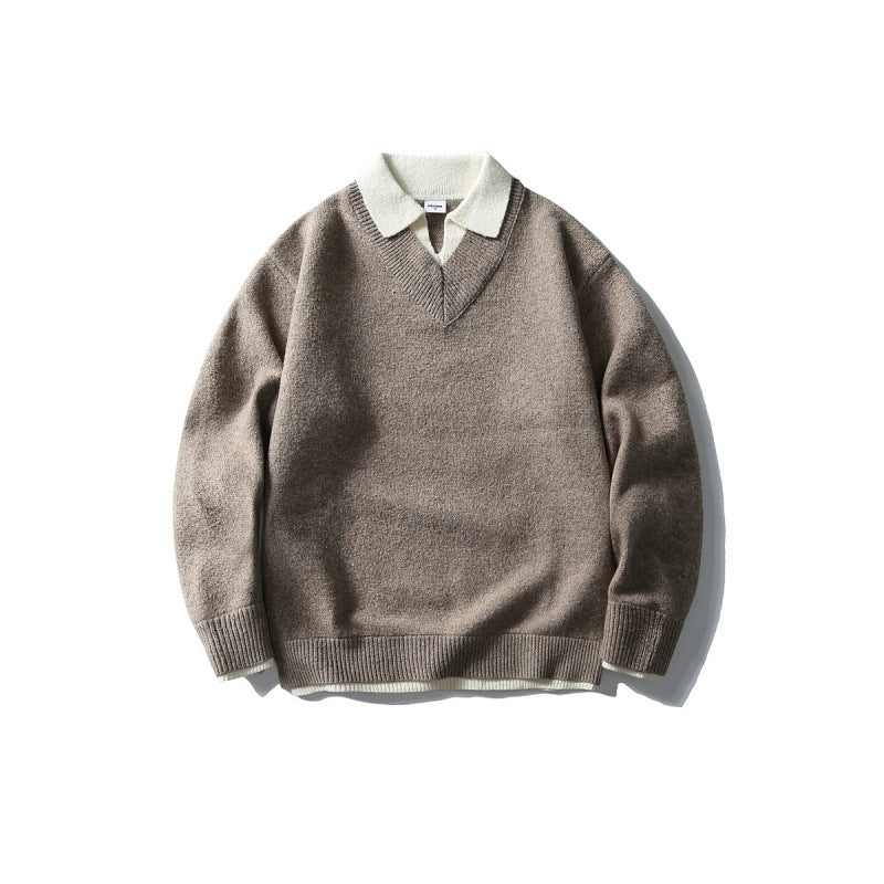Unisex Oversize Knit Sweater with Contrast Polo Collar and V-Neck Mune Fashion