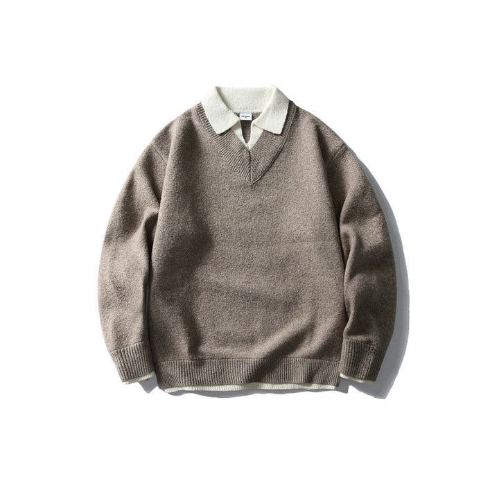 Unisex Oversize Knit Sweater with Contrast Polo Collar and V-Neck Mune Fashion