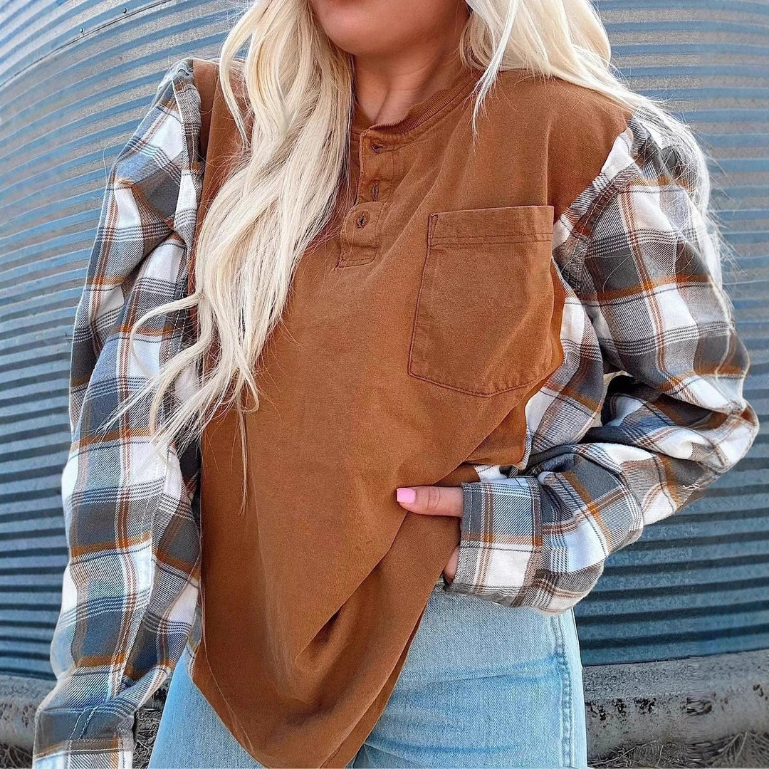 Women's nan further Henley pullover in layered look with checked sleeves and chest pocket Mune Fashion