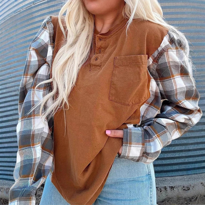 Women's nan further Henley pullover in layered look with checked sleeves and chest pocket Mune Fashion