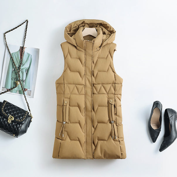 Women sleeveless quilted long vest with hood, adjustable drawstrings and concealed zipper Mune Fashion