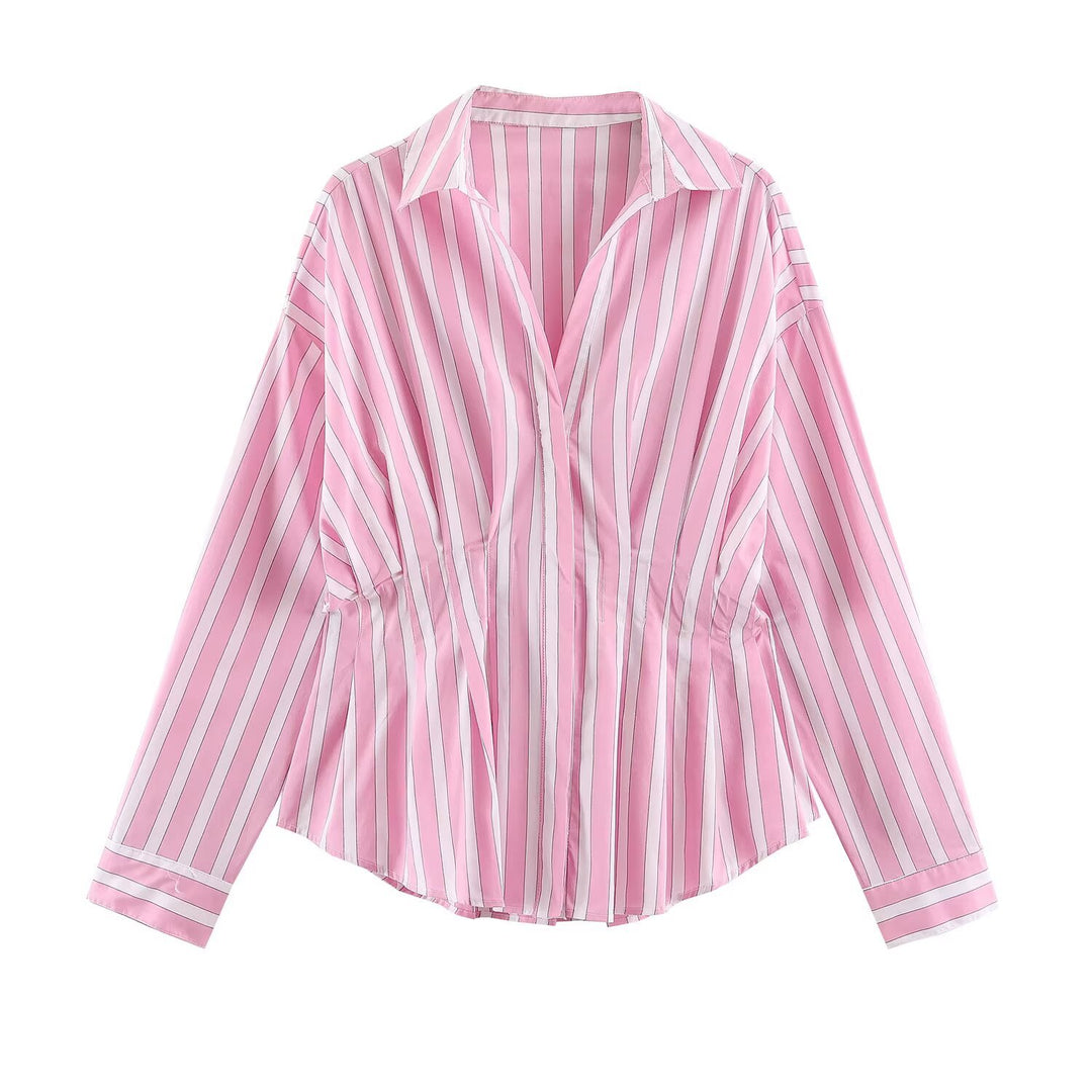 Women Striped Oversized Blouse with Tailoring Gatherings and Shirt Collar Mune Fashion
