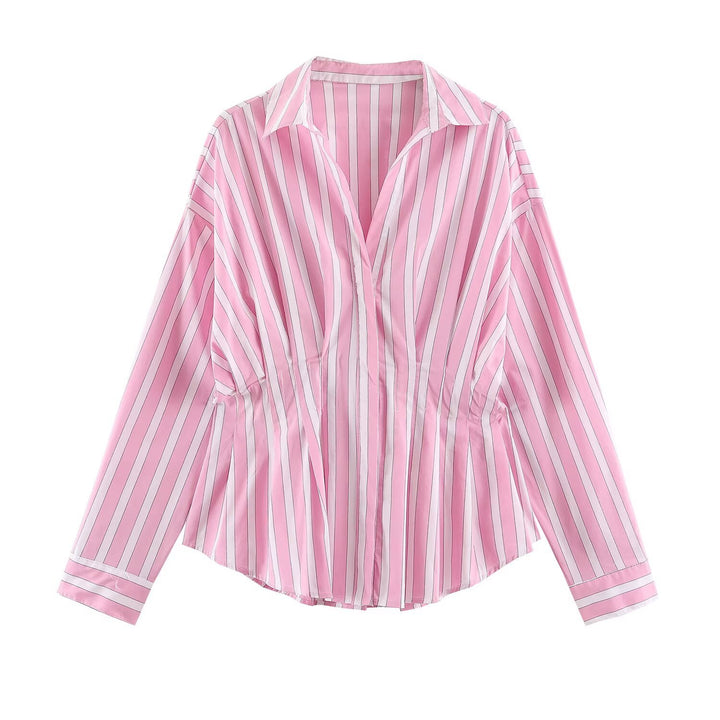 Women Striped Oversized Blouse with Tailoring Gatherings and Shirt Collar Mune Fashion
