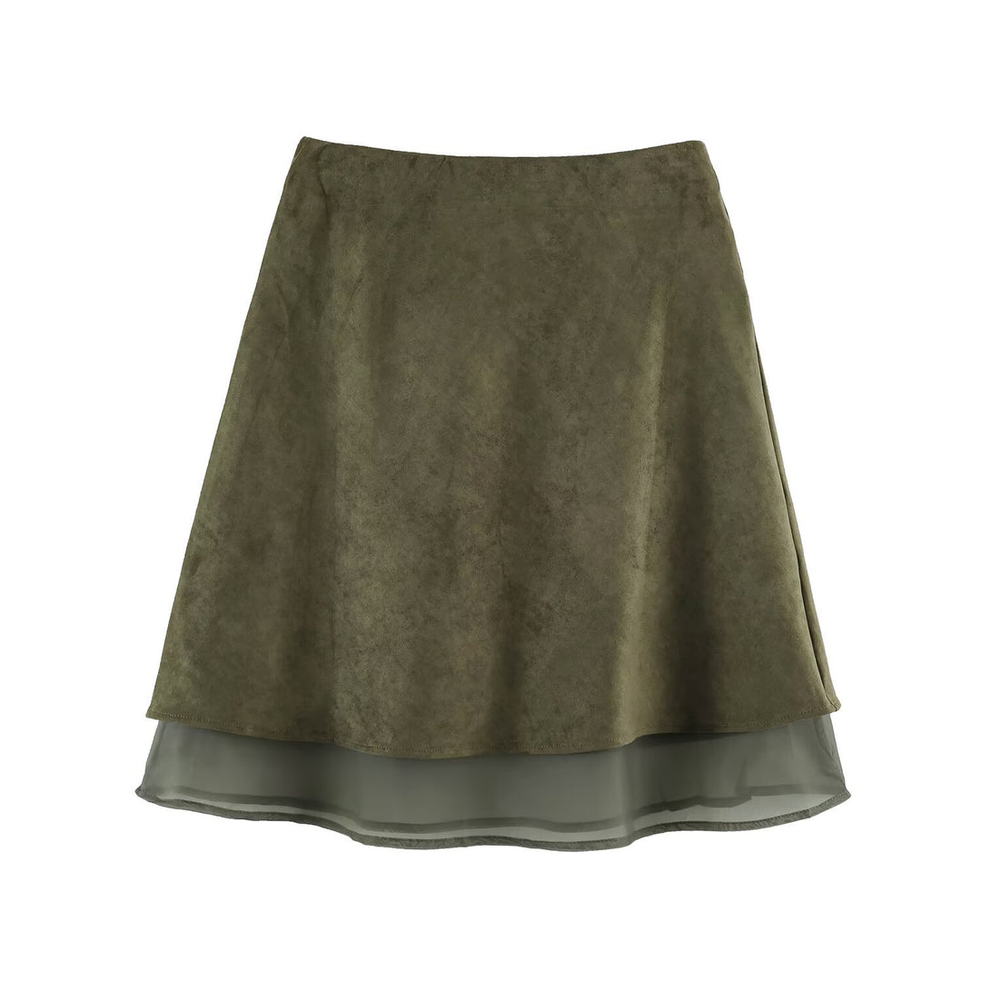 Women’s A-line midi skirt with velour look and chiffon ruffle Mune Fashion