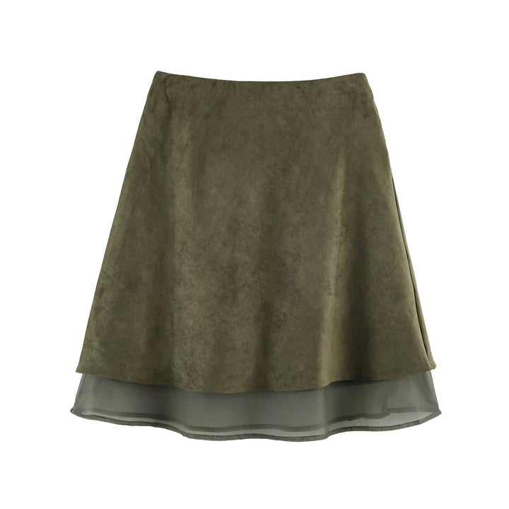 Women’s A-line midi skirt with velour look and chiffon ruffle Mune Fashion