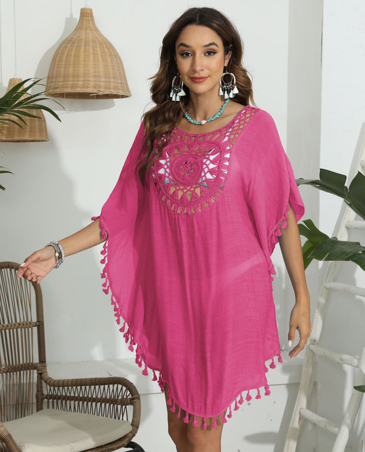 Women's crocheted beach cover-up with fringe and round neck Mune Fashion