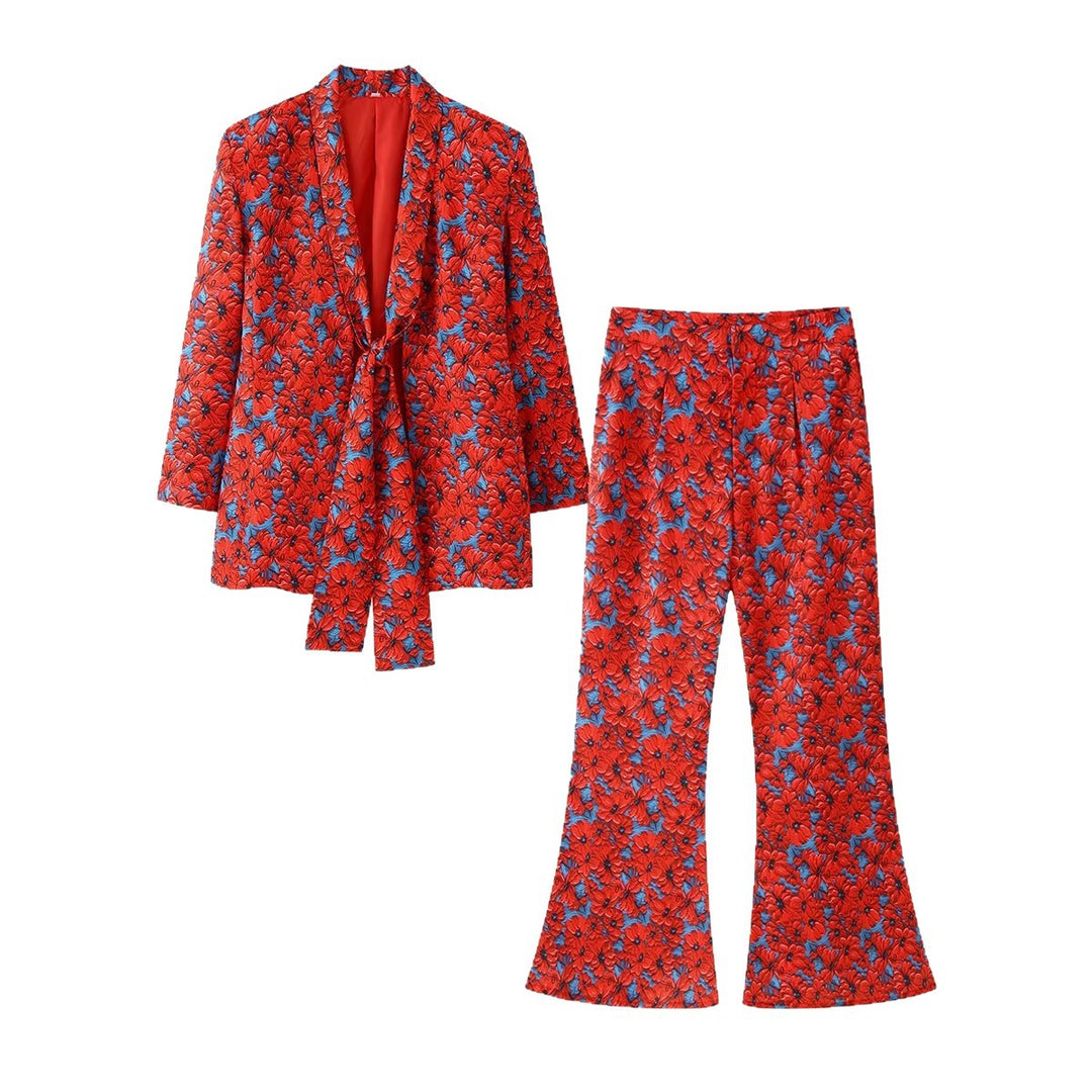 Ladies Two-Piece Floral Jacquard Blazer and Flared Pants Set Mune Fashion