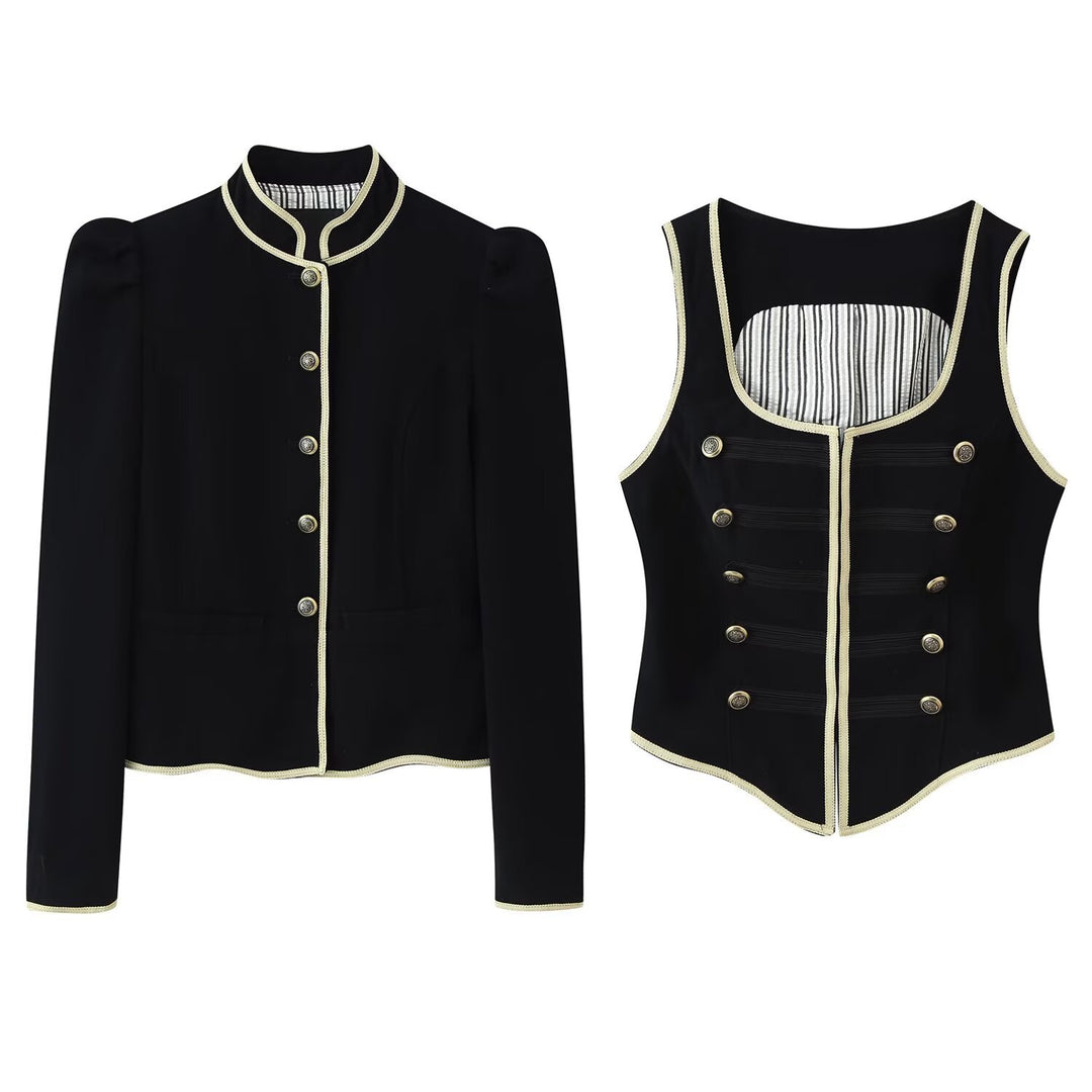 Women's Short Blazer with Stand Collar, Golden Cord Trim and Decorative Buttons Mune Fashion