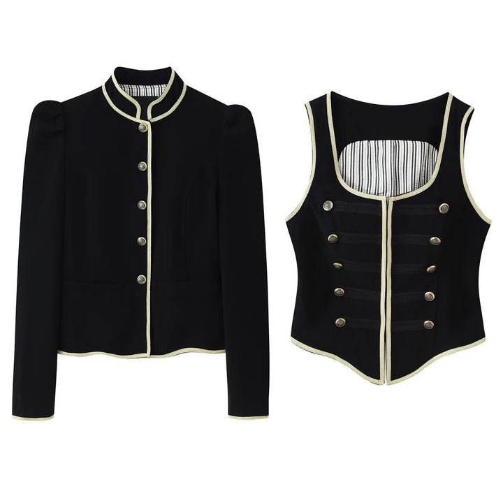 Women's Short Blazer with Stand Collar, Golden Cord Trim and Decorative Buttons Mune Fashion