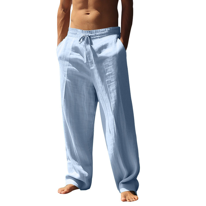 Men's relaxed fit palazzo pants made of linen blend with decorative crease and drawstring Mune Fashion