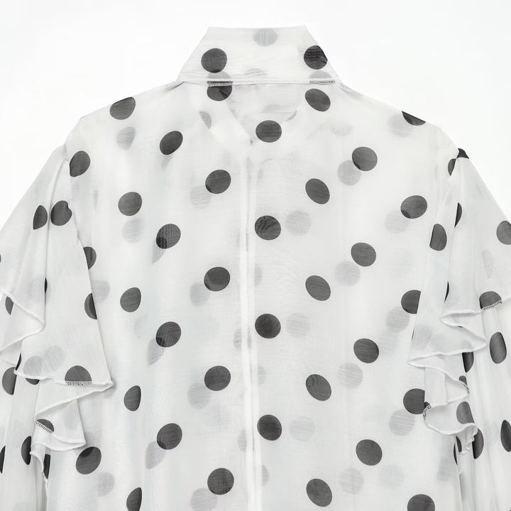 Women Transparent Polka Dot Chiffon Blouse with XXL Ruffles and Bow Collar Mune Fashion