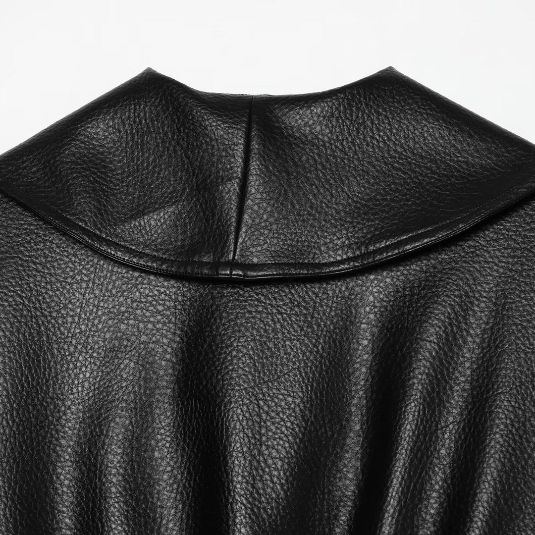 Women's Cropped Leather-Look Jacket with Oversized Shawl Collar and Tailoring Buckle Belt Mune Fashion