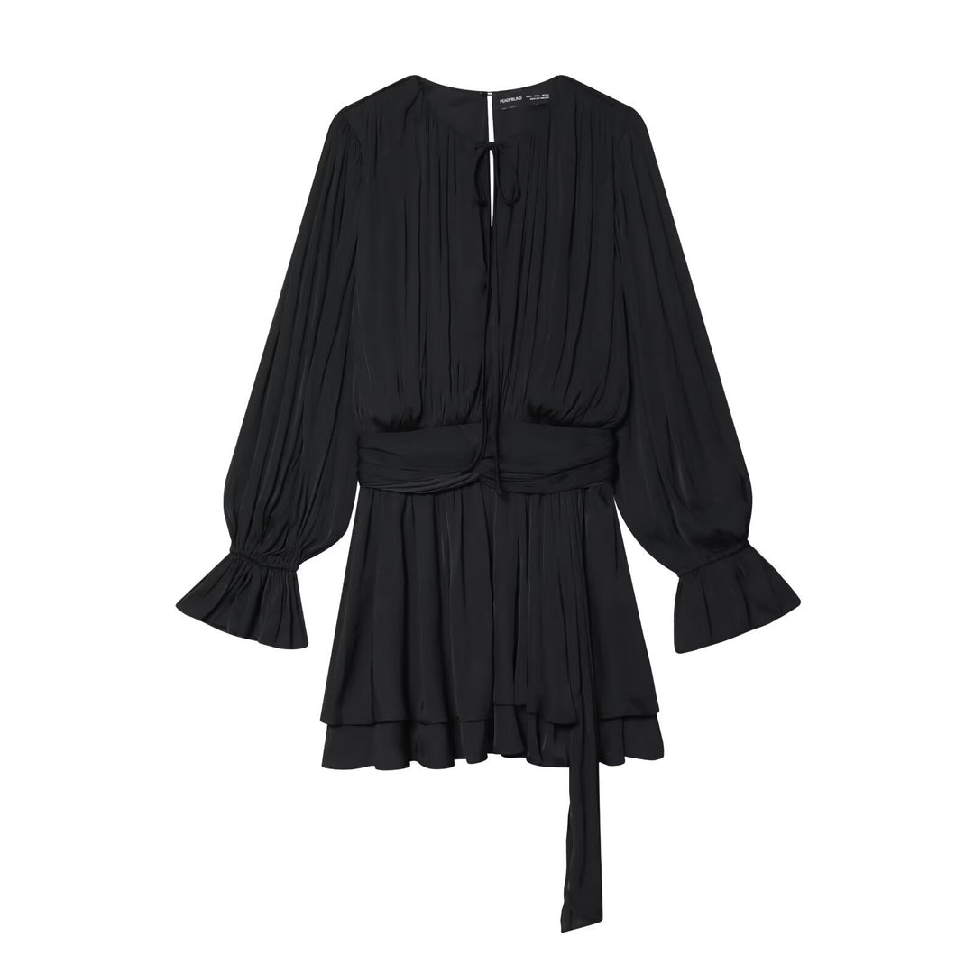 Women Pleated Wrap Dress with Ruffle Skirt and Balloon Sleeves Mune Fashion