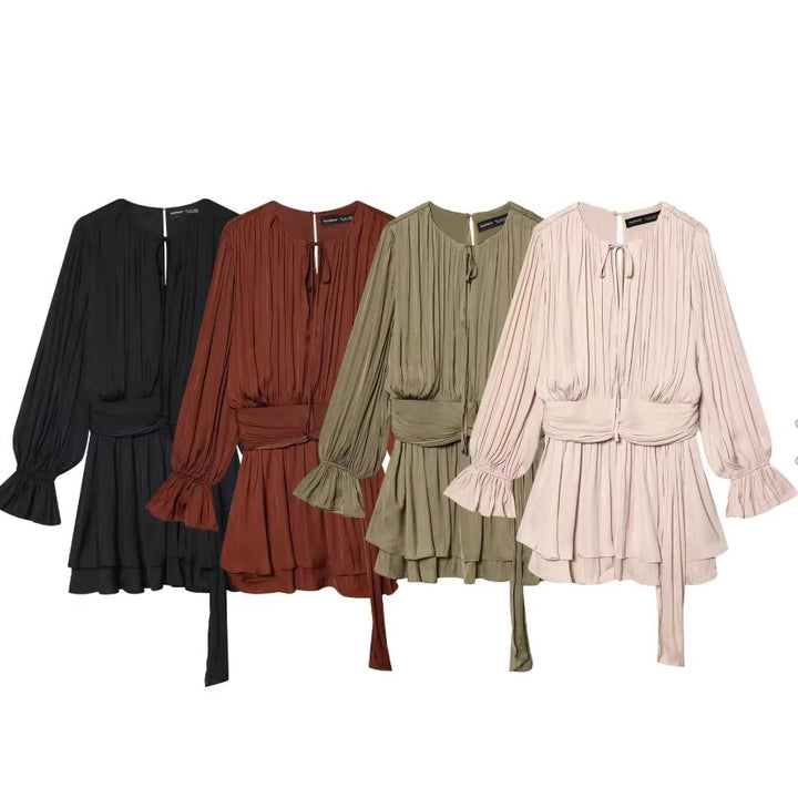 Women's Pleated Tie Blouson Mini Dress with Fitted Wrap Belt and Bell Sleeves Mune Fashion