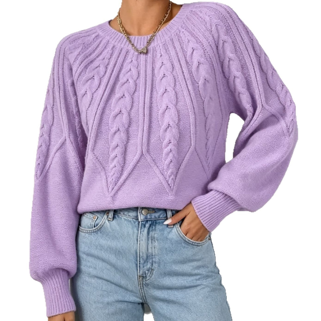 Women short-cut chunky knit cable sweater with balloon sleeves Mune Fashion