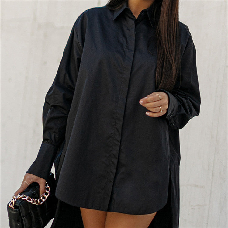Women's oversized shirt dress with balloon sleeves, concealed button placket, and high side slits Mune Fashion