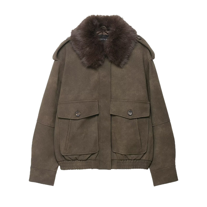 Women's short jacket in pilot bomber style with faux fur shawl collar Mune Fashion