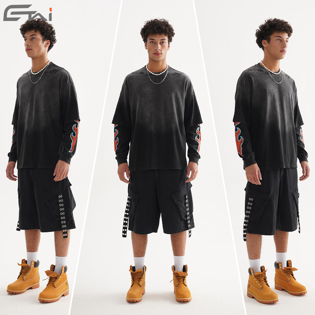 Men's Oversized Long Sleeve Shirt with Double Layer Look and Used Details Mune Fashion