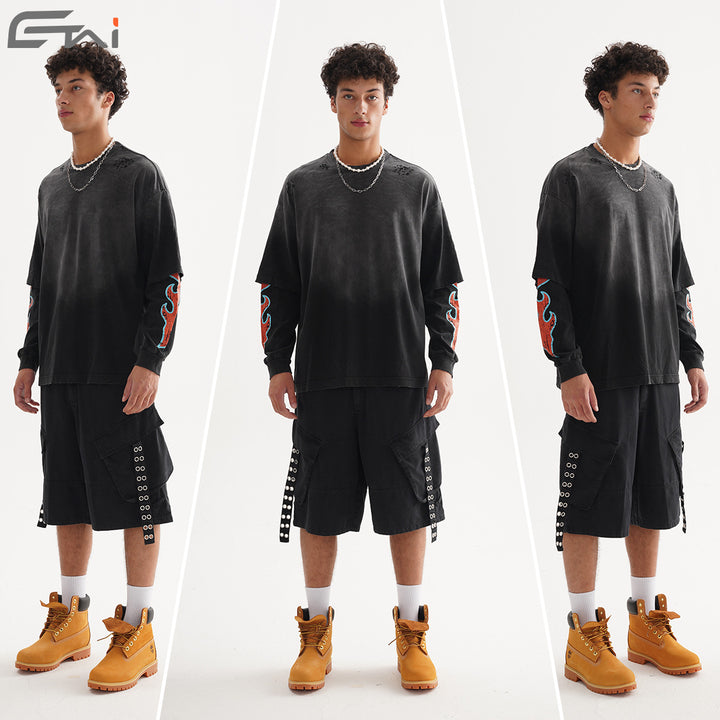Men's Oversized Long Sleeve Shirt with Double Layer Look and Used Details Mune Fashion