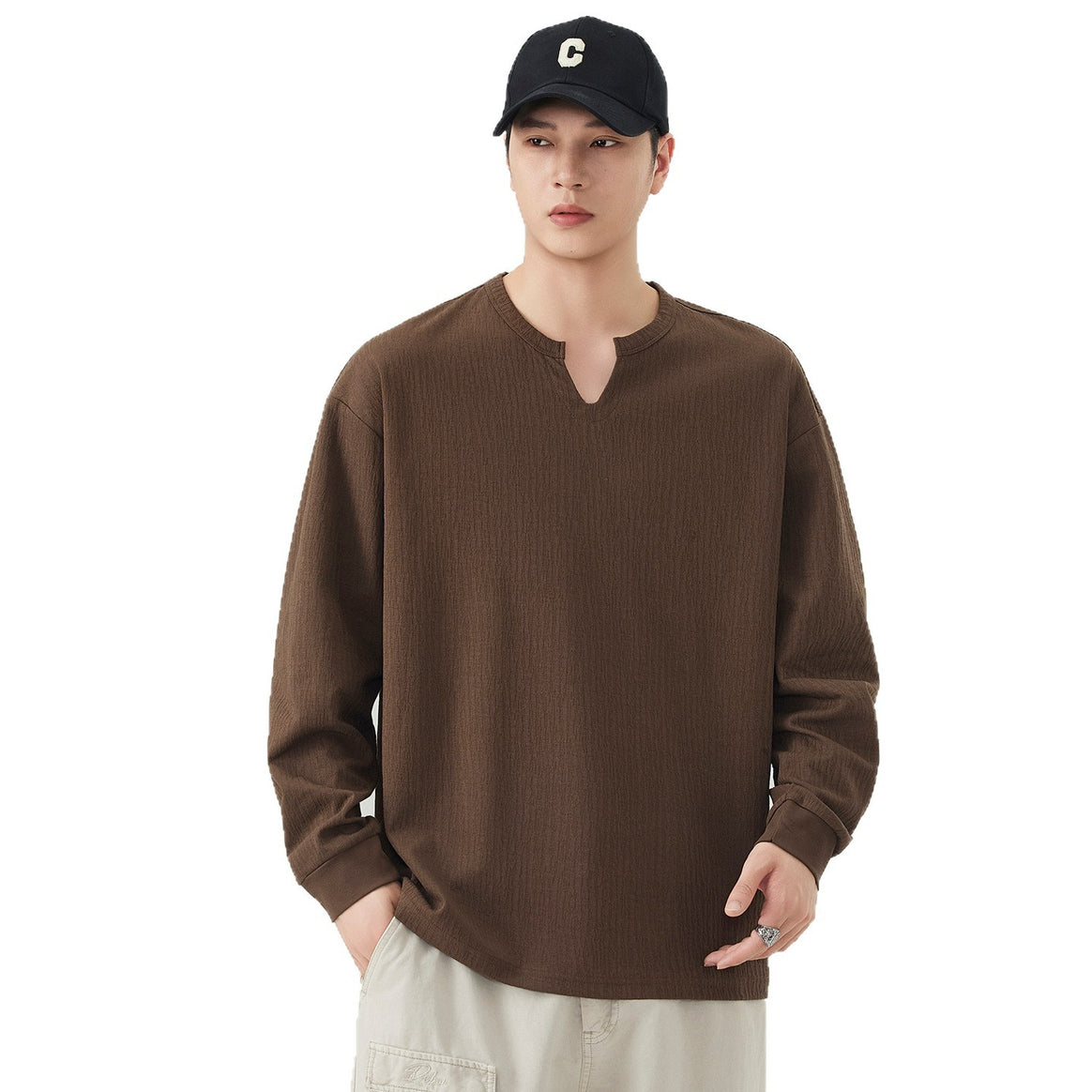 Men's Loose Long Sleeve Shirt with V-Notch Collar and Textured Cotton Blend Mune Fashion