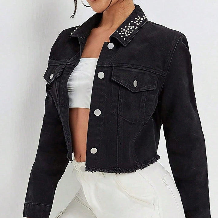 Women Cropped Denim Jacket with Beaded Collar and Raw Fringe Hem Mune Fashion
