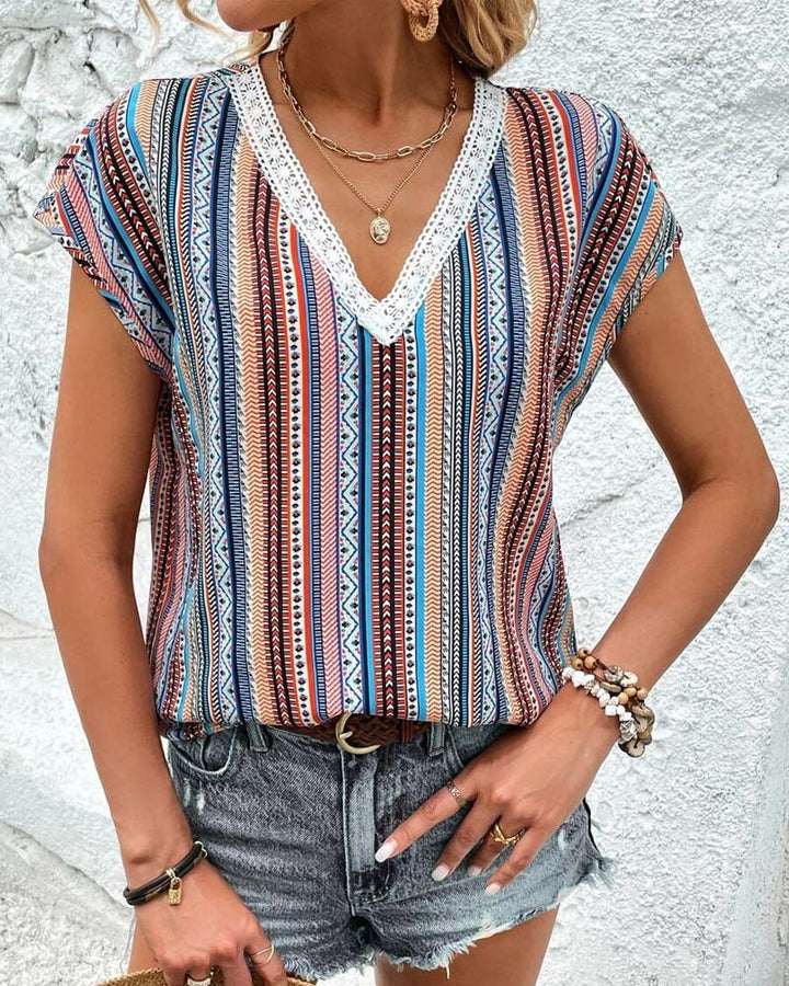 Women's light V-neck top with ethnic stripe pattern and crochet trim Mune Fashion
