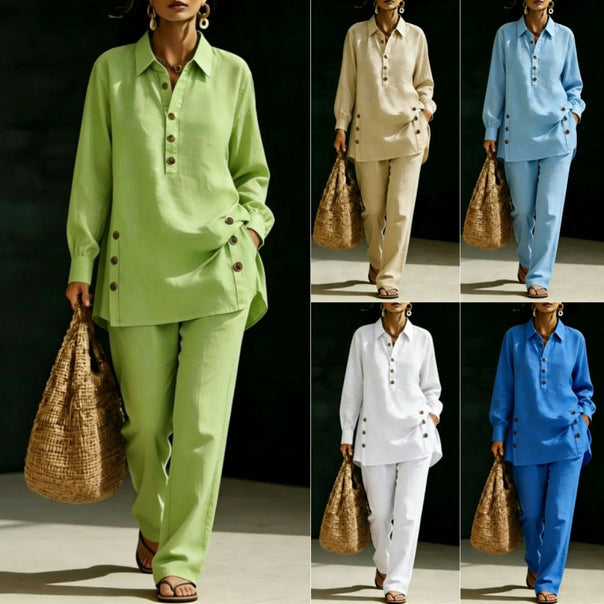 Women's Lightweight Oversized Shirt Tunic with Decorative Buttons and Straight Leg Trousers Mune Fashion